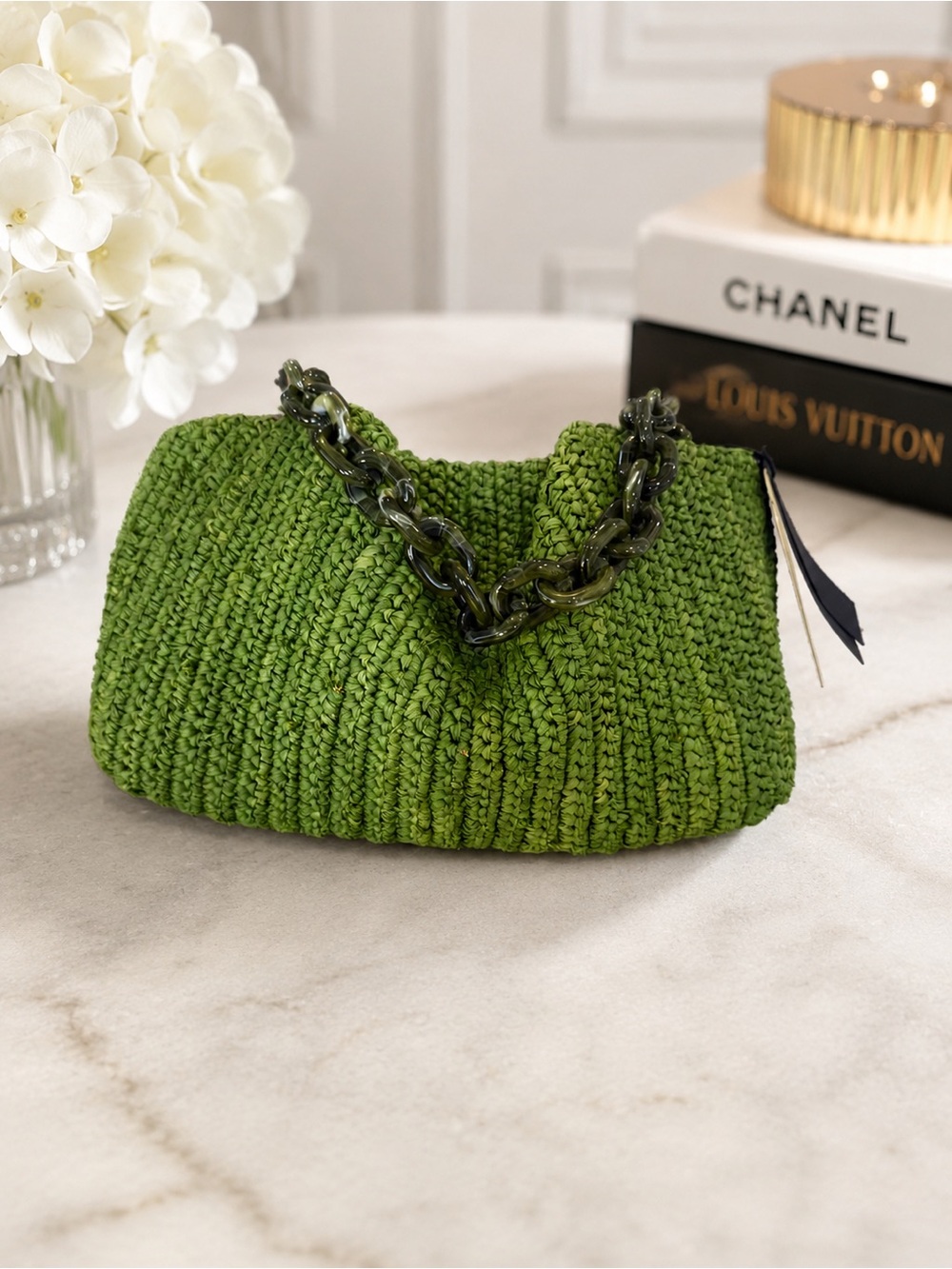 Banana Republic Green Woven Shoulder Bag with Tortoiseshell Chain